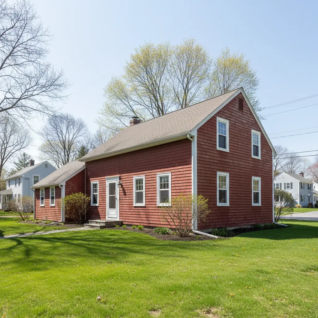 Saltbox Home exterior with red shingle siding, white-trimmed windows, a sloped roof, and a large green front lawn on a sunny day.