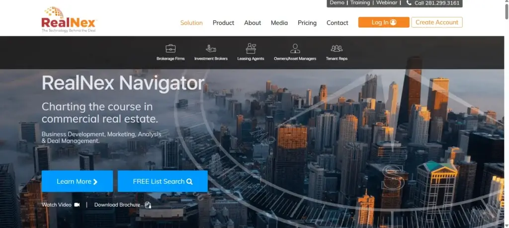 A screenshot of the RealNex website homepage showing a city skyline background with options for business development and deal management.