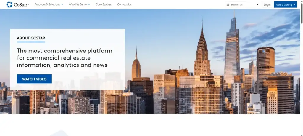 A screenshot of the CoStar website homepage featuring an urban skyline and a text box describing their commercial real estate information platform.