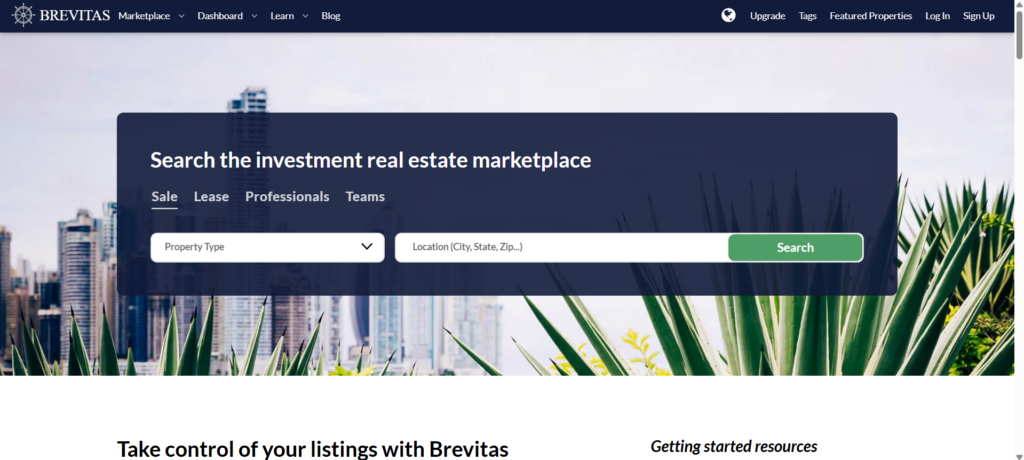 A screenshot of the Brevitas website homepage showing a search interface for the investment real estate marketplace over a city background.