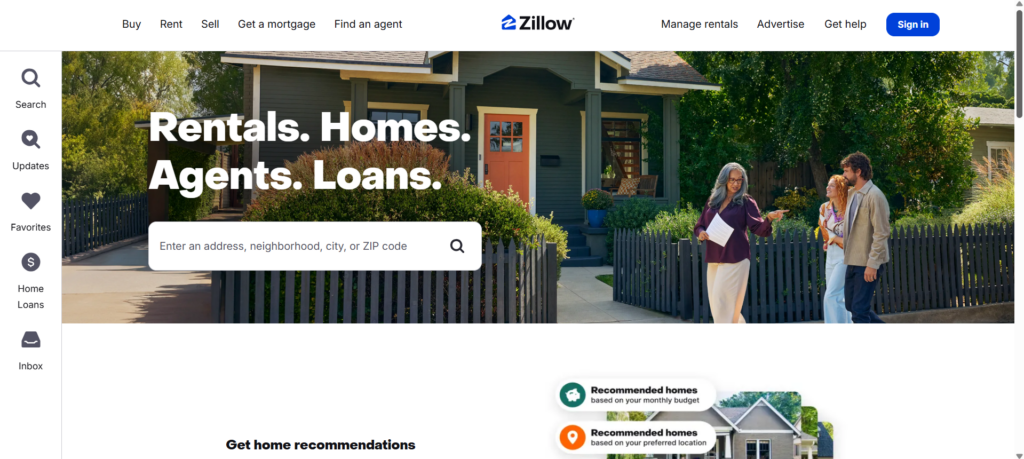 A screenshot of the Zillow website homepage featuring a search bar for addresses and neighborhoods in front of a house with people standing outside.