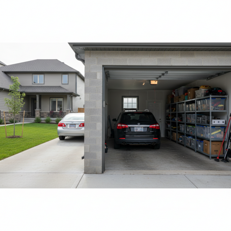 Tandem Garage with a black SUV parked inside, storage shelves along the right wall, and a second car in the driveway beside a suburban house.
