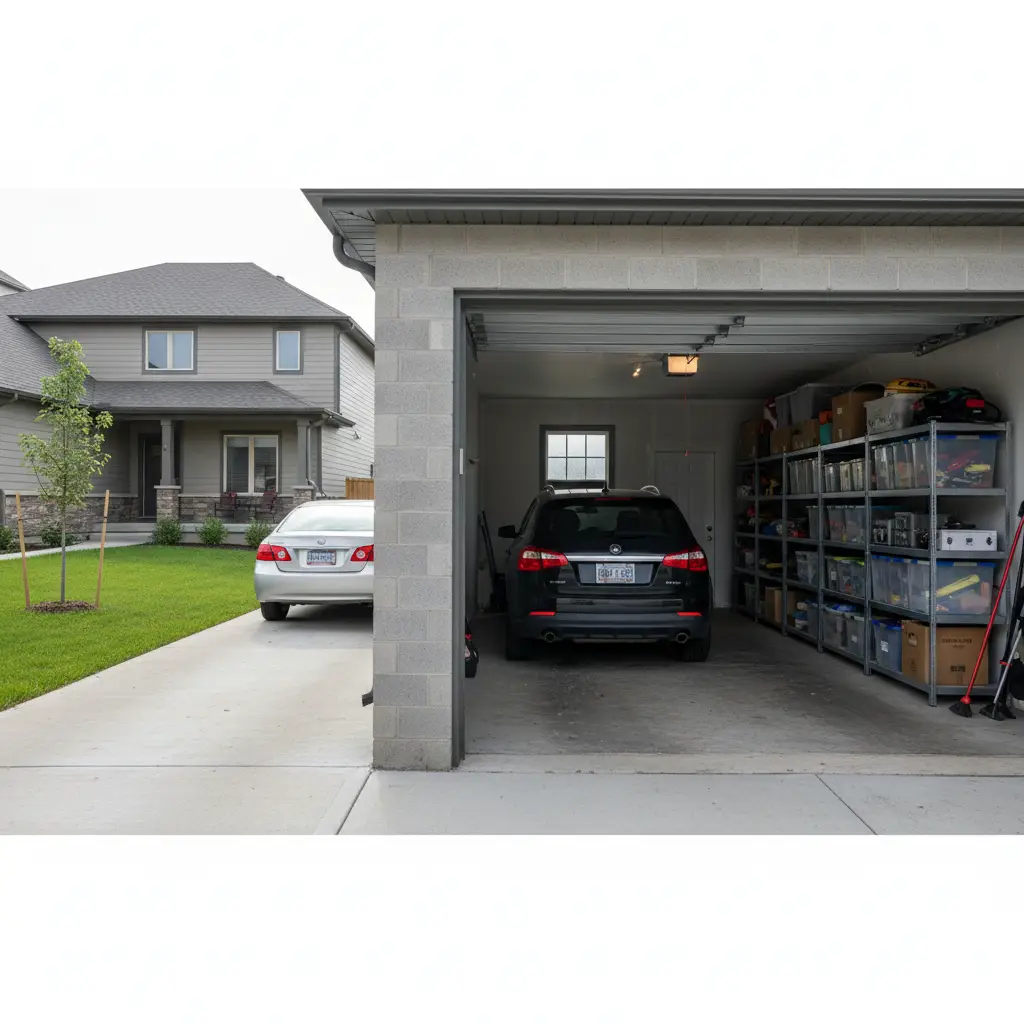 Tandem Garage with a black SUV parked inside, storage shelves along the right wall, and a second car in the driveway beside a suburban house.