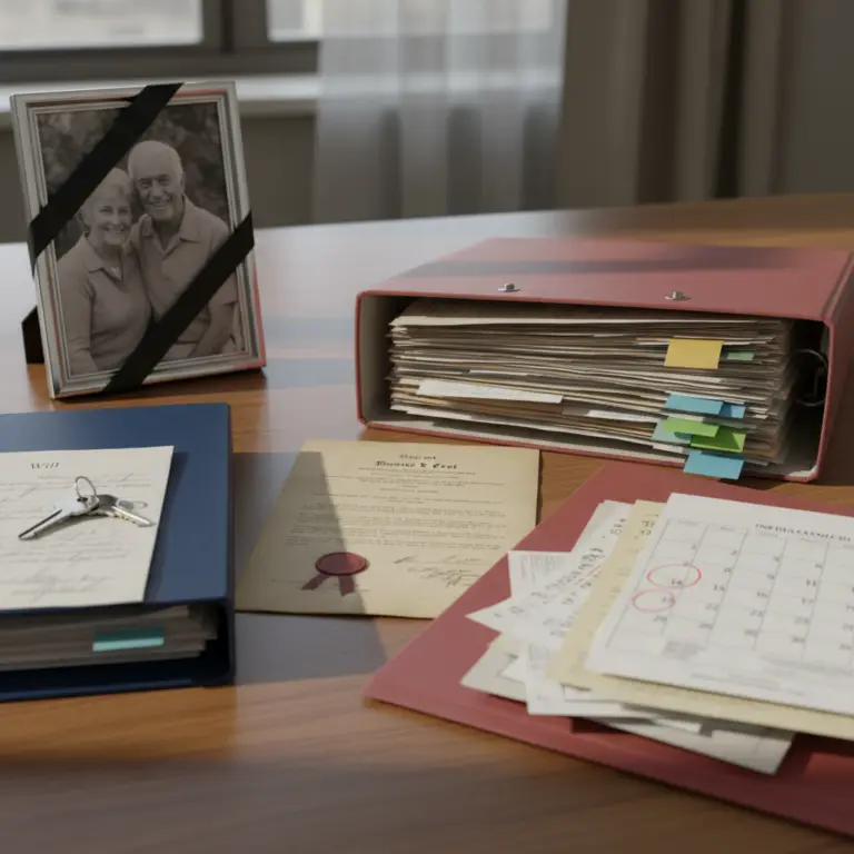 Testate vs Intestate shown with a framed memorial photo, a will, keys, and folders of legal documents spread across a desk.