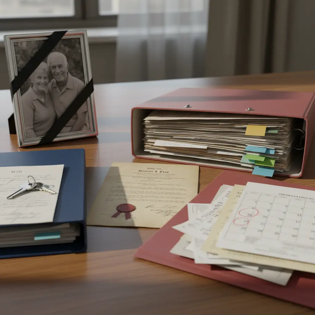 Testate vs Intestate shown with a framed memorial photo, a will, keys, and folders of legal documents spread across a desk.