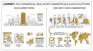 LoopNet overview infographic showing CRE data offerings — property listings, detailed data, maps, and financial information — alongside target users and data reliance considerations.