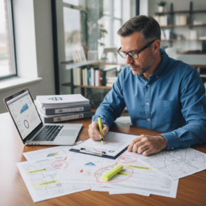 Man in glasses reviewing charts, maps, and reports at a desk with a laptop displaying graphs and property data.
