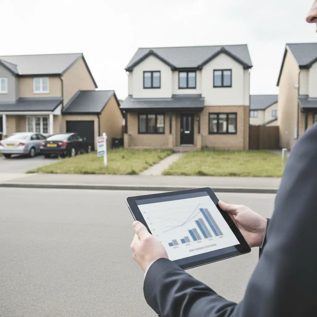 A person in a business suit holding a tablet that displays charts representing Real Estate Data in front of a row of suburban houses.