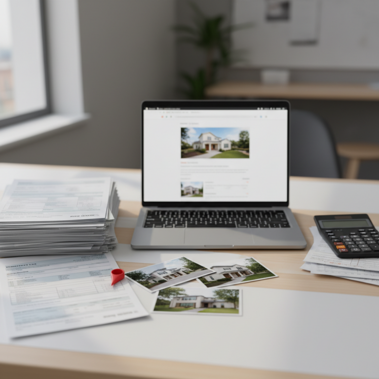 A laptop, calculator, and stacks of paperwork are arranged on a desk to facilitate a Desktop Appraisal.