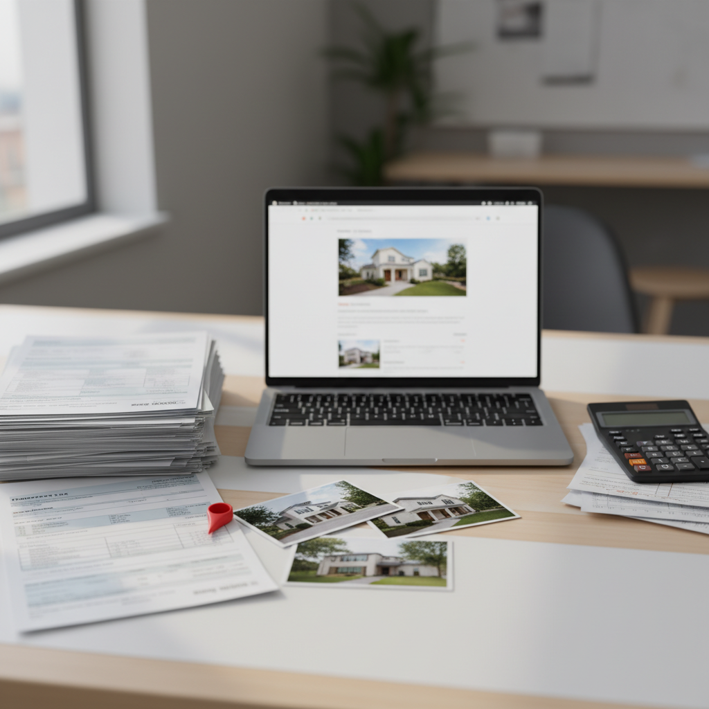 A laptop, calculator, and stacks of paperwork are arranged on a desk to facilitate a Desktop Appraisal.