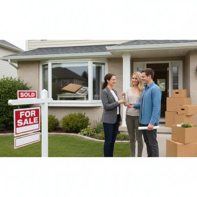 A real estate agent hands keys to a couple in front of a house with a sold sign, representing a transaction that involves a Due-On-Sale Clause.