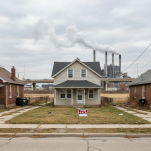 A suburban house with a for sale sign is positioned in front of a large smoking power plant, showcasing External Obsolescence.