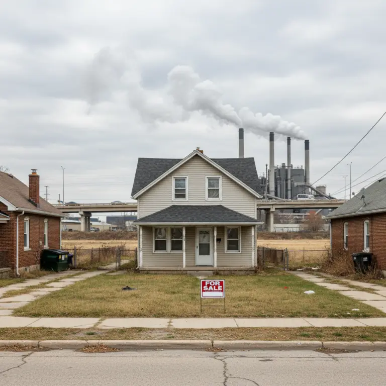 A suburban house with a for sale sign is positioned in front of a large smoking power plant, showcasing External Obsolescence.