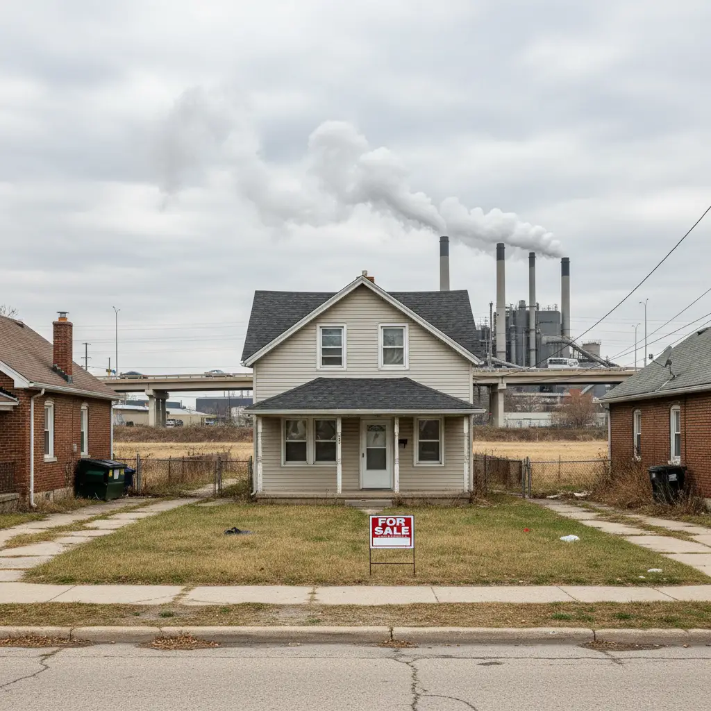 A suburban house with a for sale sign is positioned in front of a large smoking power plant, showcasing External Obsolescence.