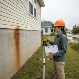 A professional uses a laser level on a house foundation while holding a Flood Elevation Certificate.