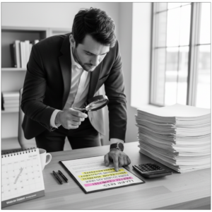 A man in a suit uses a magnifying glass to carefully review a highlighted document to create a Lease Abstract.