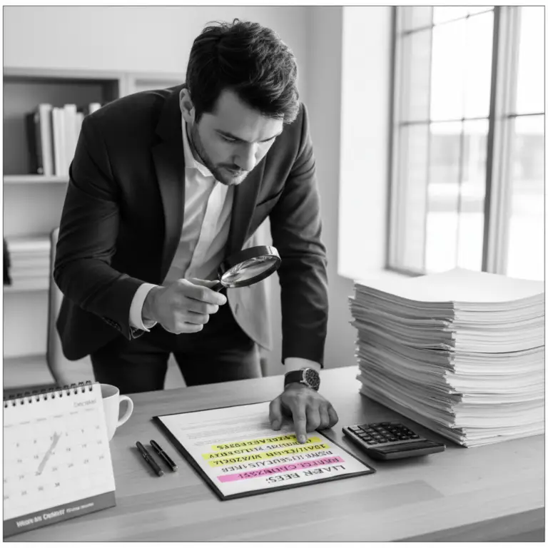 A man in a suit uses a magnifying glass to carefully review a highlighted document to create a Lease Abstract.