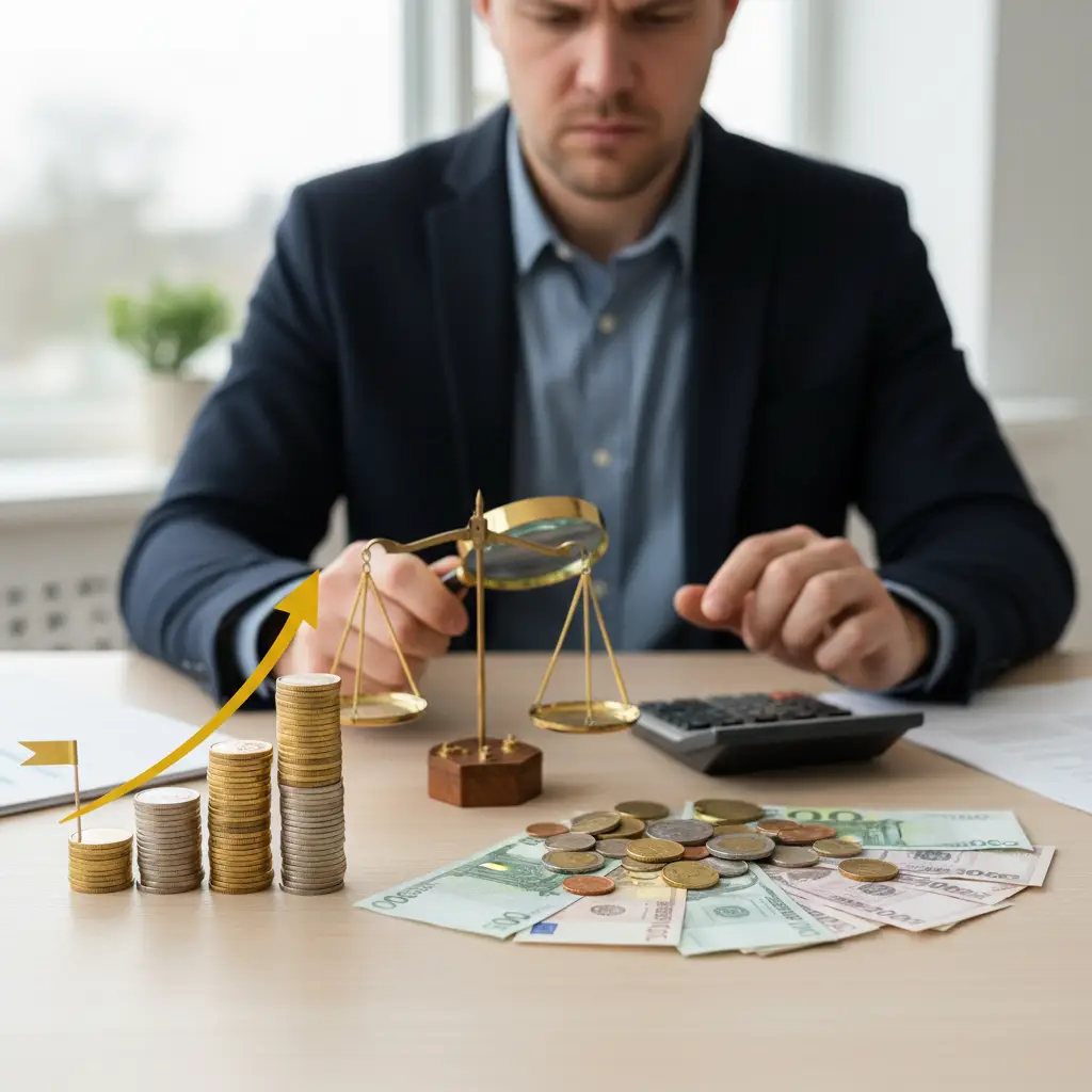 A professional uses a balance scale and calculator on a desk to evaluate NPV vs IRR.