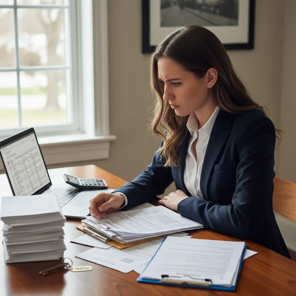 A professional woman in a blazer looks intently at documents and a laptop screen while processing a Non-QM Loan.