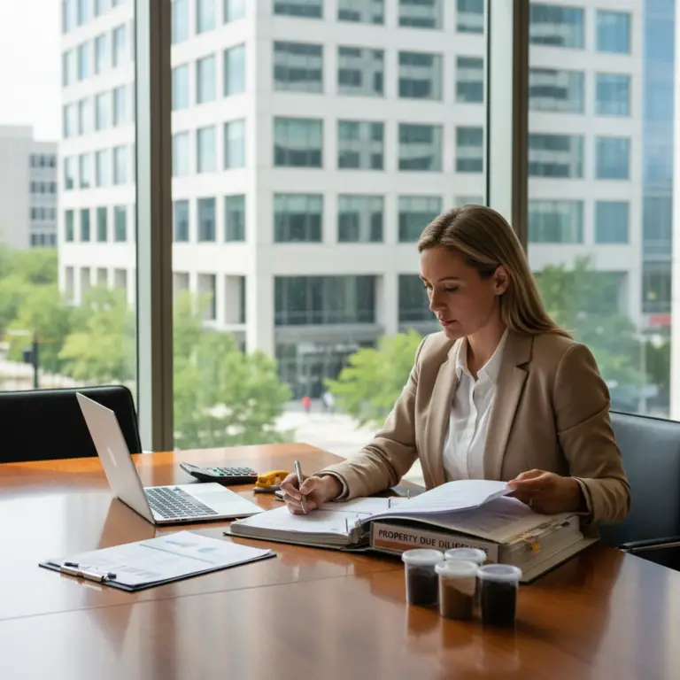 A professional in a business suit evaluates soil samples and property documents while conducting a Phase II.