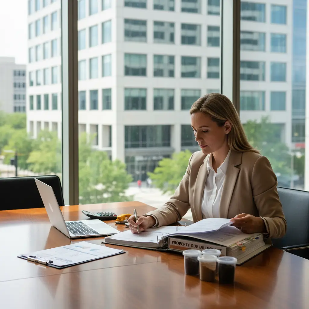 A professional in a business suit evaluates soil samples and property documents while conducting a Phase II.