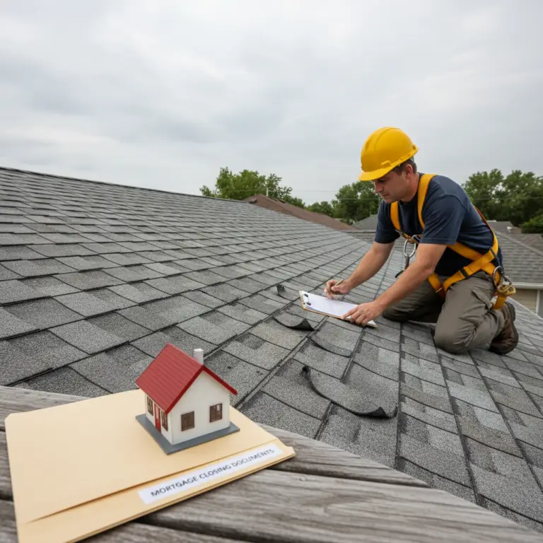 An inspector in a yellow hard hat and safety harness evaluates damaged shingles on a residential rooftop for a Roof Certification.