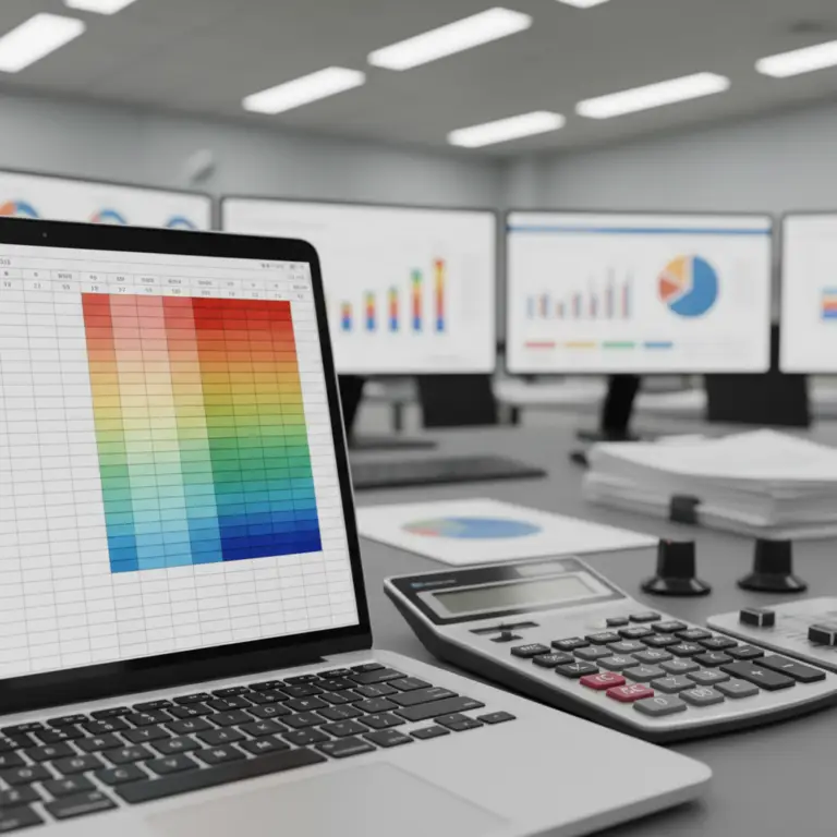 A laptop screen displaying a colorful Sensitivity Table grid alongside a calculator and business charts in an office.