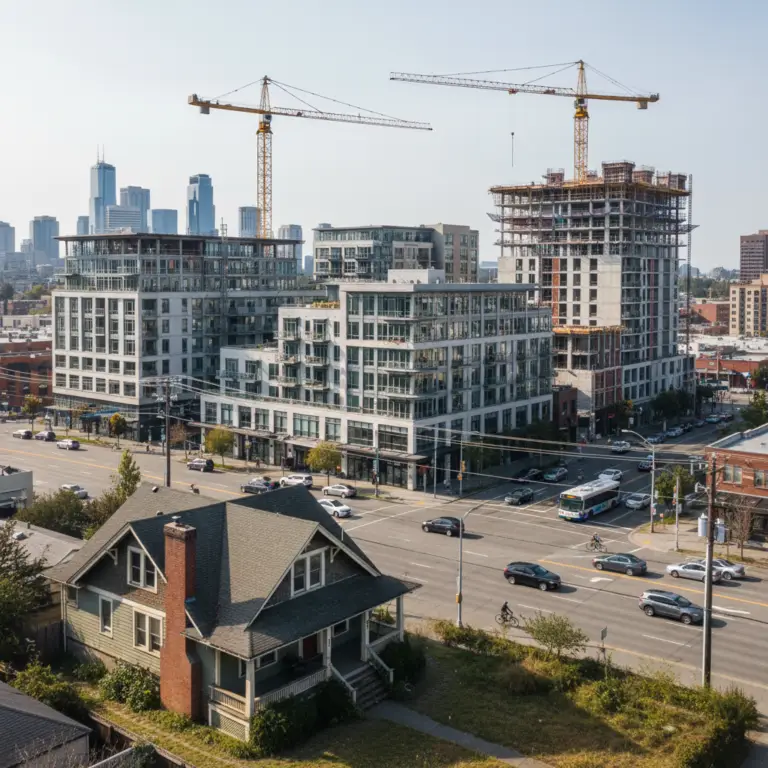 A small house sits at a city intersection with large modern buildings and construction cranes that represent upzoning.