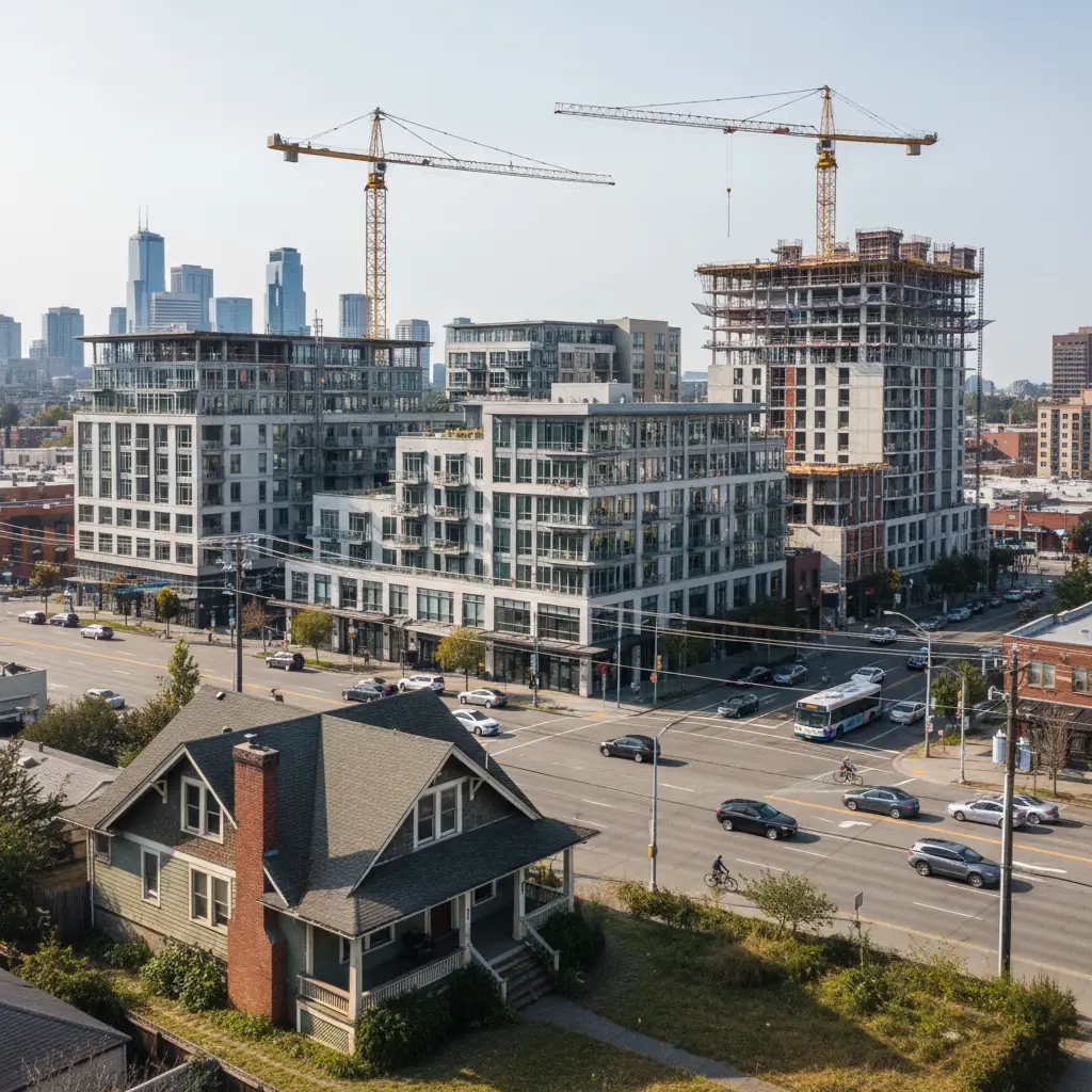 A small house sits at a city intersection with large modern buildings and construction cranes that represent upzoning.