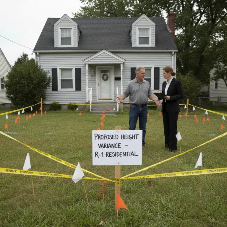 A man and a woman standing on a residential lawn marked with survey flags and boundary tape near a sign for a Variance (Zoning).