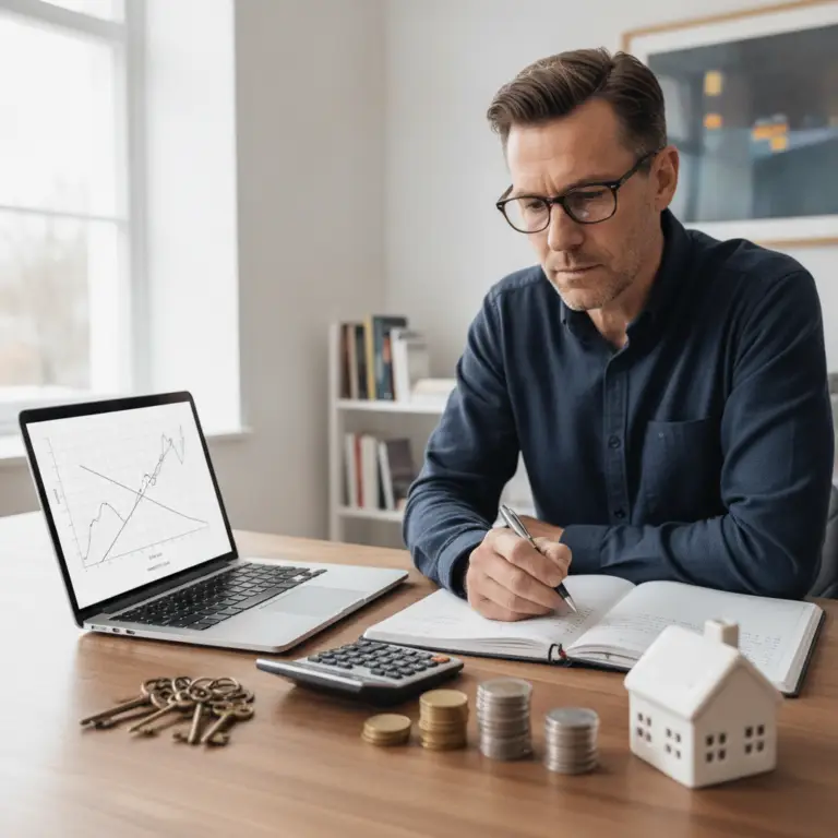 A man sits at a desk with a laptop, calculator, coins, and a small house model to calculate Cash-on-Cash Return.