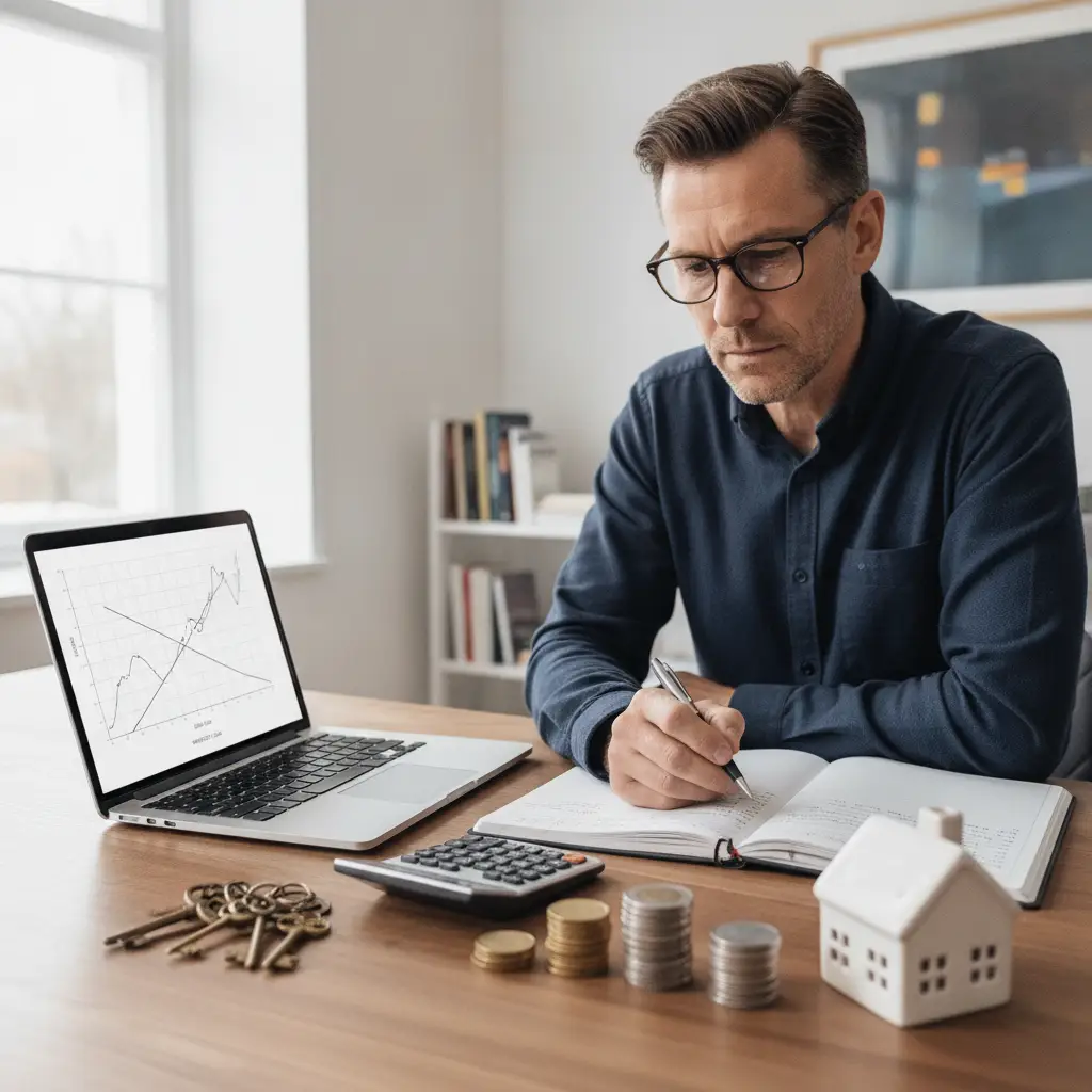 A man sits at a desk with a laptop, calculator, coins, and a small house model to calculate Cash-on-Cash Return.