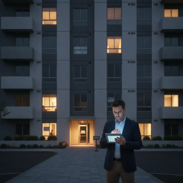 A man standing in front of an apartment building at night reviews data on a tablet related to Economic Occupancy.