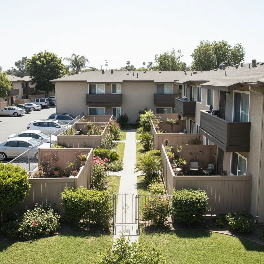 An overhead view of several Garden-Style Apartments with private fenced patios and a central concrete walkway.