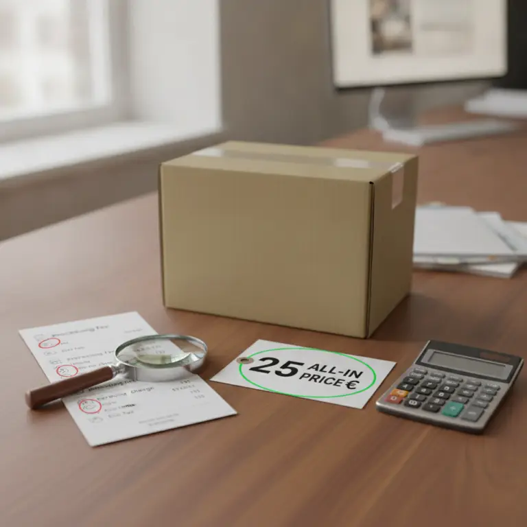 A magnifying glass highlights a hidden Junk Fee on a receipt next to a shipping box and calculator.