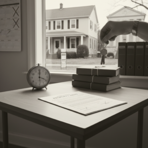 A desk with a property deed, an alarm clock, and a hand holding house keys in a Lien Theory State.