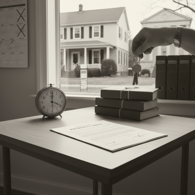 A desk with a property deed, an alarm clock, and a hand holding house keys in a Lien Theory State.