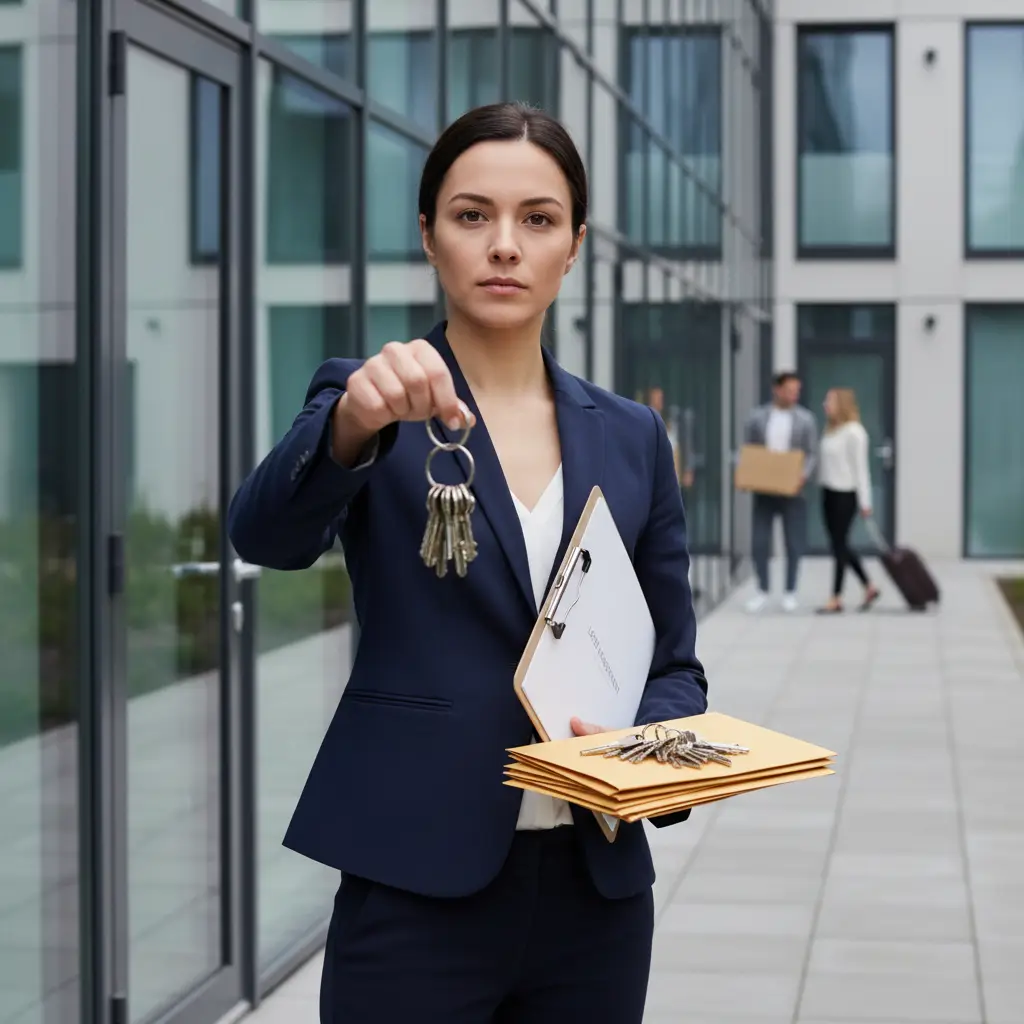 A professional woman holds out a set of keys and a clipboard for a Master Lease Agreement.