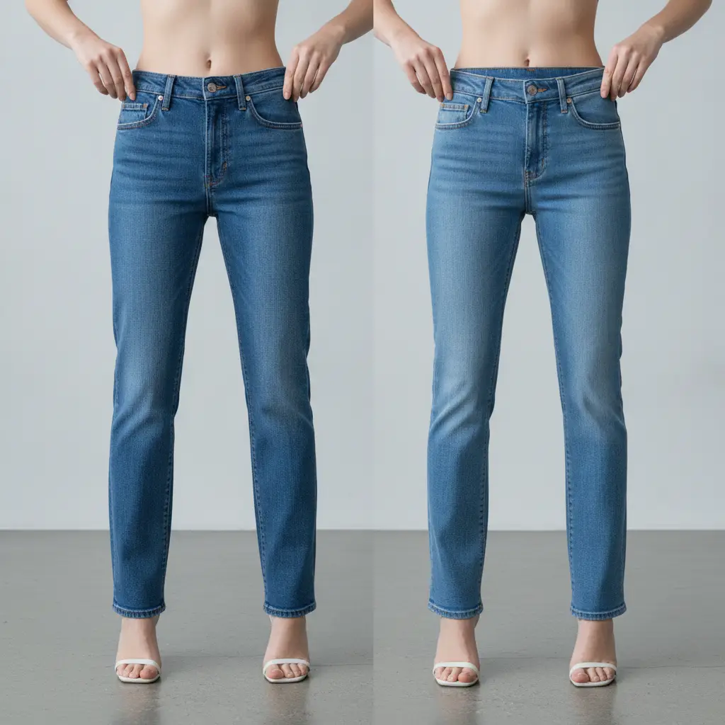 A side-by-side comparison of a person wearing different denim jeans to illustrate the difference between Mid-Rise vs High-Rise waistlines.