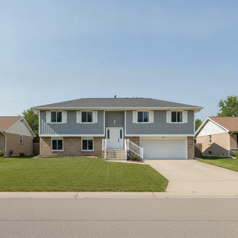 A gray and brick Split-Level Home with white shutters and a two-car garage is centered on a green lawn.