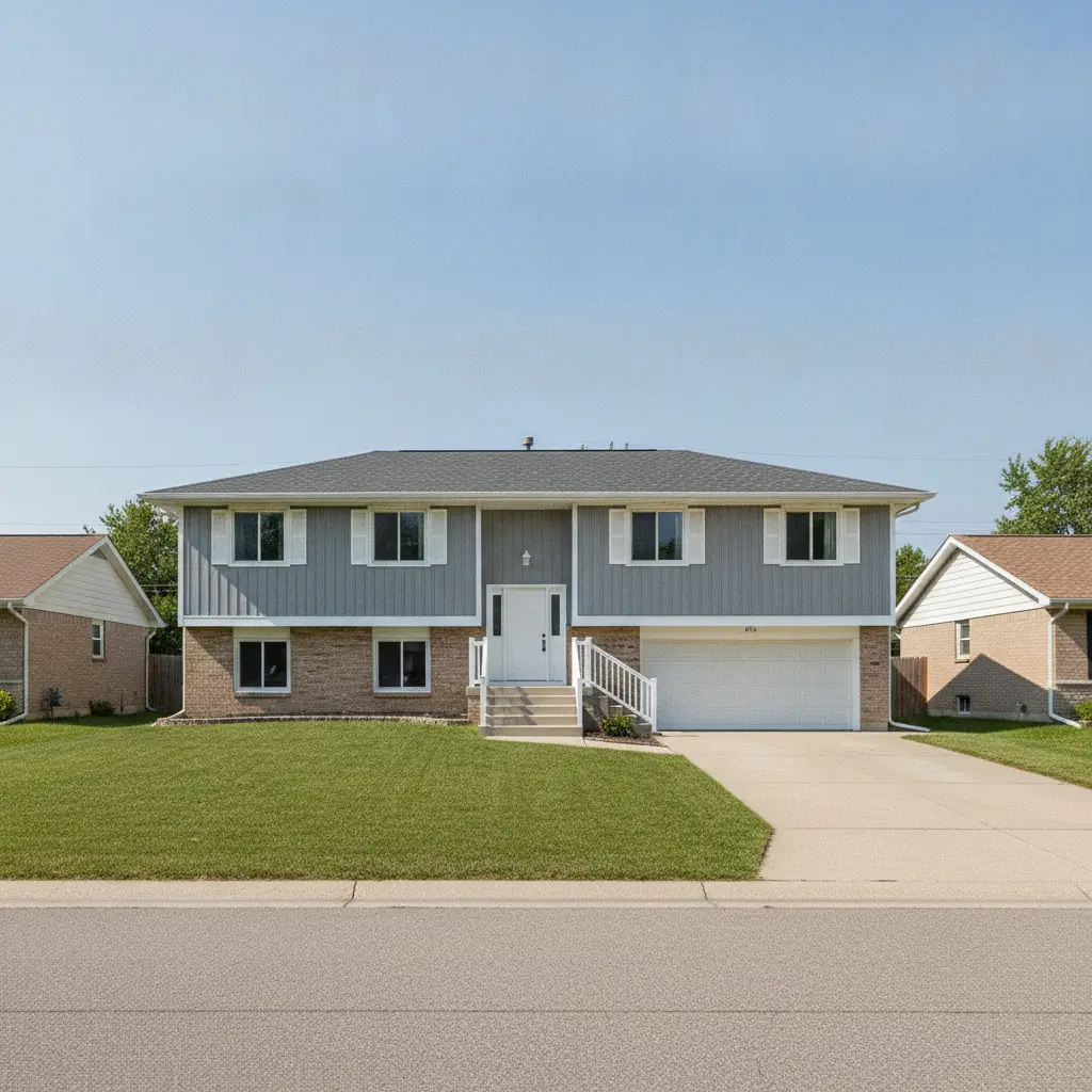 A gray and brick Split-Level Home with white shutters and a two-car garage is centered on a green lawn.