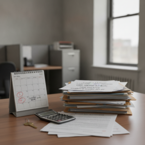 An office desk with a calendar showing a closing delay and documents mentioning the TRID Rule.