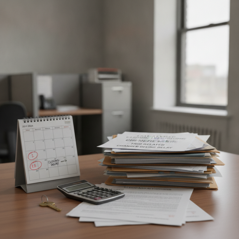 An office desk with a calendar showing a closing delay and documents mentioning the TRID Rule.