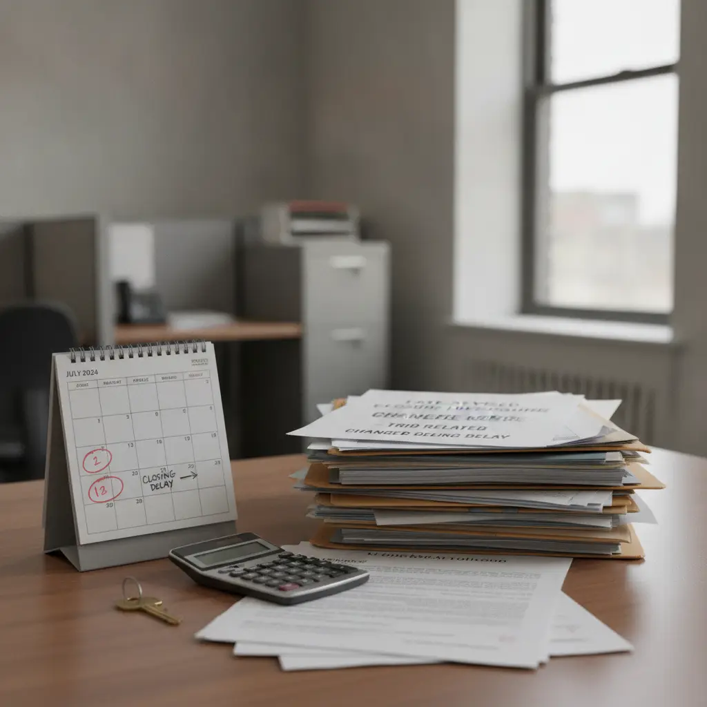An office desk with a calendar showing a closing delay and documents mentioning the TRID Rule.