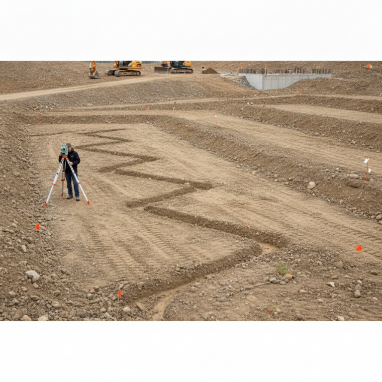 A construction worker uses a measurement instrument on a tripod to complete a topography survey on a vast dirt lot.