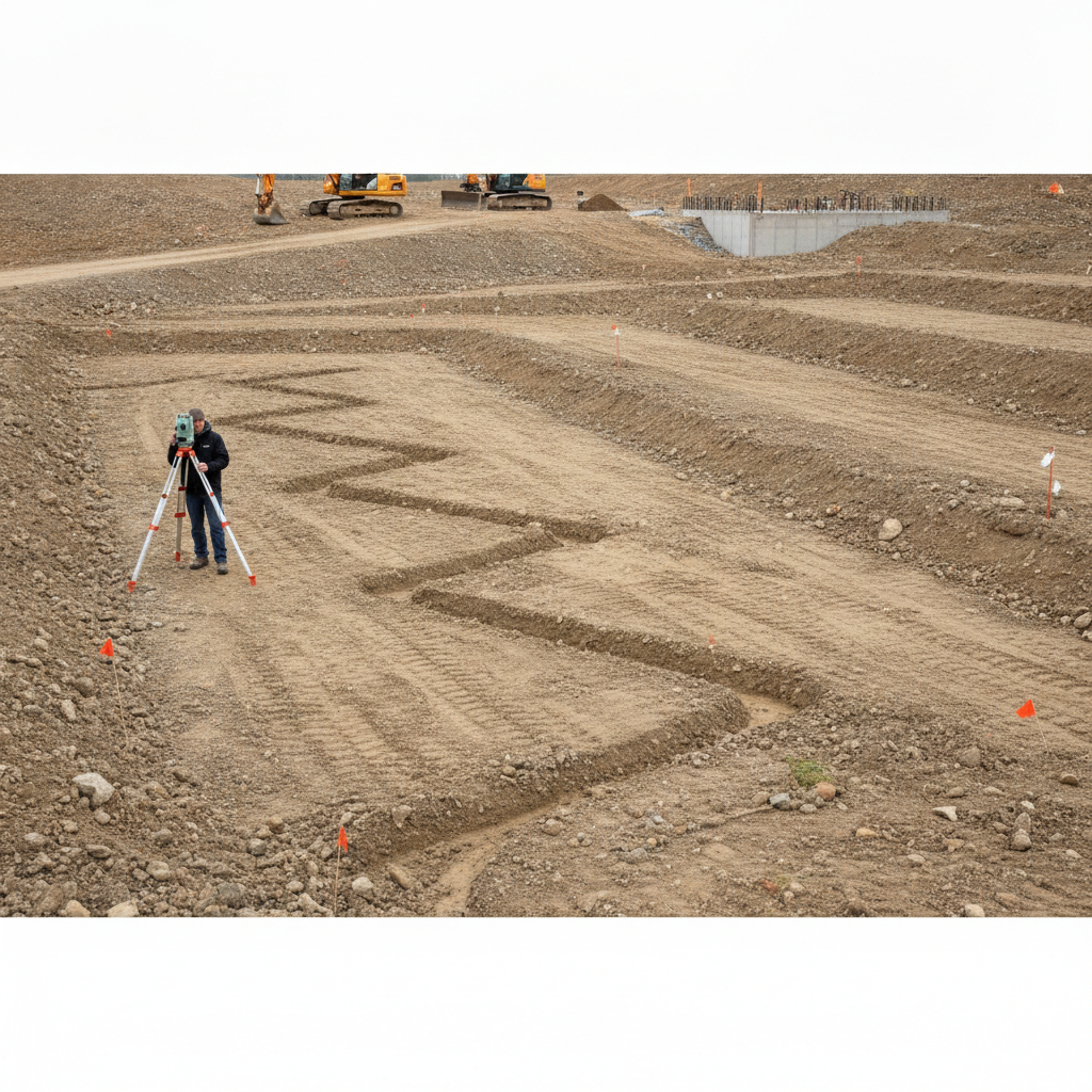 A construction worker uses a measurement instrument on a tripod to complete a topography survey on a vast dirt lot.