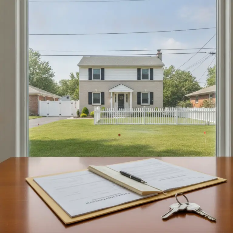 Legal documents and a set of keys sit on a wooden desk overlooking a suburban house, illustrating the final steps of a Torrens Title transaction.