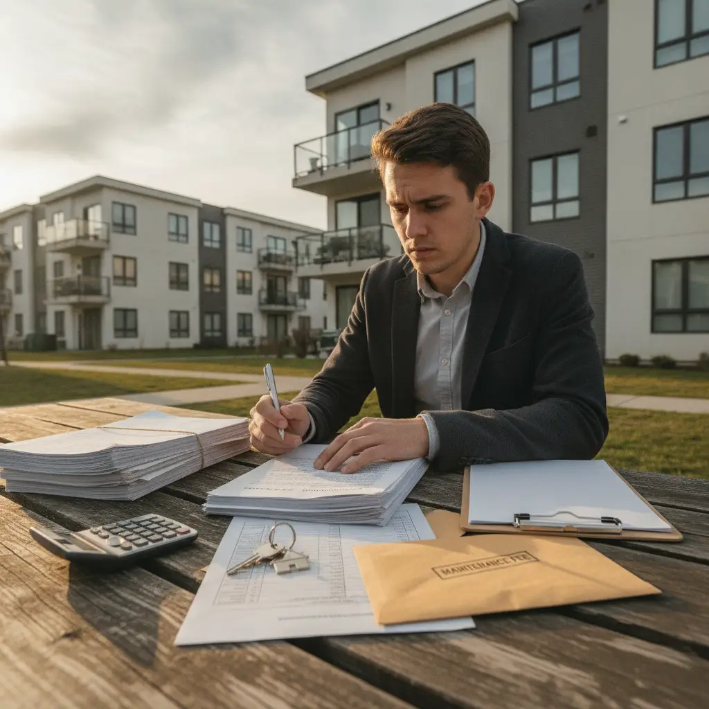 A man sits at an outdoor table with paperwork and keys in front of a Common Interest Community.