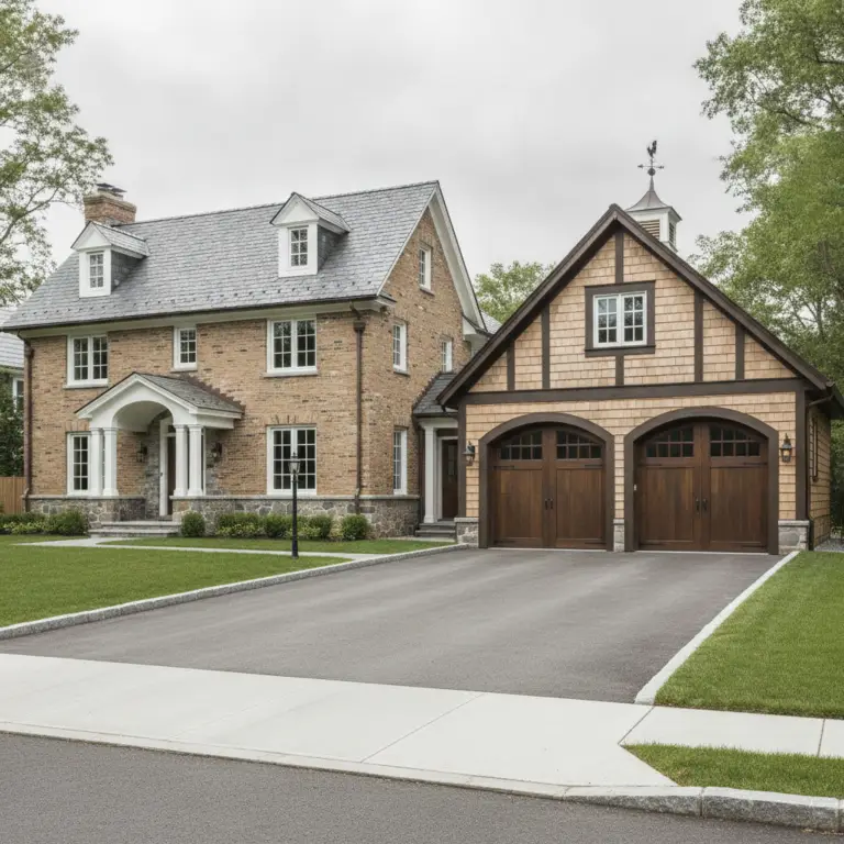 A large brick house featuring a separate carriage garage with dark wood double doors and a shingled roof with a cupola.