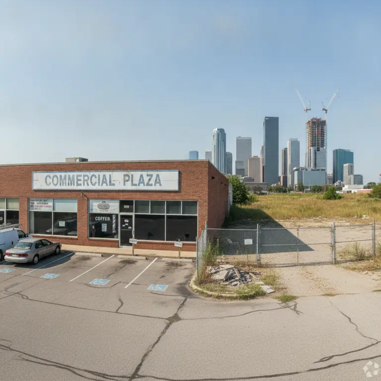 A small brick commercial building and a vacant lot set against a background of a modern city skyline, illustrating a covered land play.